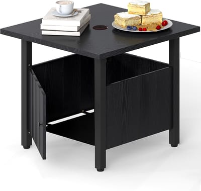 KOMFOTTEU Tuintafel met gat voor parasol, diameter 48 mm, rechthoekige salontafel met 2 zandzakken, verstelbare poten en opbergvak, lage tafel voor balkon, binnenplaats, zwart