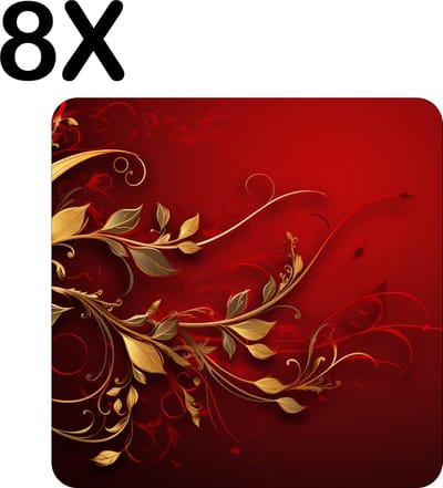 Luxe Placemat - Goud met Rode Plant op Rode Achtergrond - Set van 8 Placemats - 50x50 cm - 2 mm dik Vinyl - Anti Slip - Afneembaar