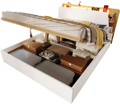 Komhtom Paneelbed, 140 x 200 cm, hydraulisch systeem, met USB Type-C-oplaadfunctie, LED-verlichting, bediening via drukknop/app, zonder matras, multifunctionele opbergruimte, wit + naturel