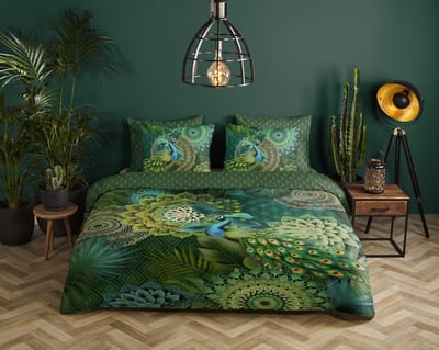 HIP dekbedovertrek mandalas & pauw - 1 persoons 140x200/220 cm - Groen - 100% Katoen satijn