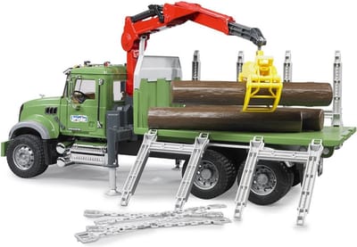 MACK Granite Houttransportvrachtwagen Met Kraan En 3 Boomstammen Op Schaal 1:16