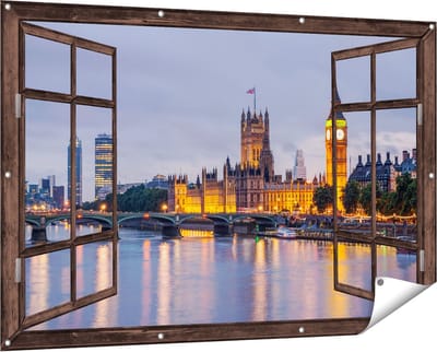 Gards Tuinposter Doorkijk London Big Ben en Westminster Brug - 150x100 cm - Tuindoek - Tuindecoratie - Wanddecoratie buiten - Tuinschilderij