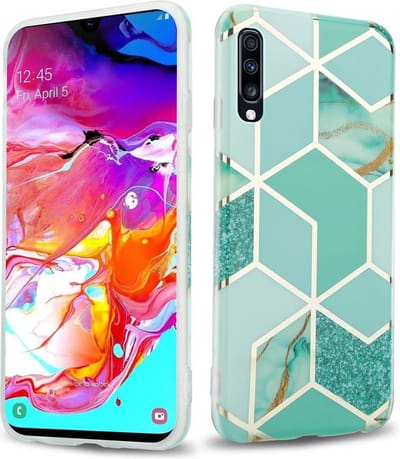 Cadorabo Hoesje geschikt voor Samsung Galaxy A70 / A70s in Groen Lichtgroen Goud Marmer No. 3 - Beschermhoes gemaakt van TPU siliconen Case Cover met mozaïek motief