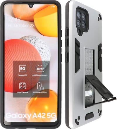 Hoesje met Magnetic Stand Hard Case Geschikt voor de Samsung Galaxy A42 5G - Stand Shockproof Telefoonhoesje - Grip Stand Back Cover - Zilver
