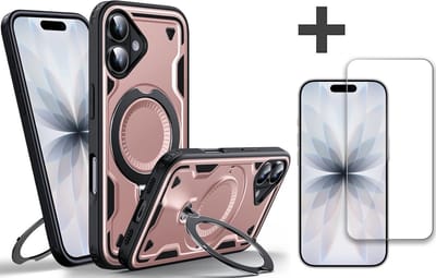 Hoesje Geschikt voor iPhone 17 met gehard glas Screenprotector - Armor hoes met Ringhouder - Arara backcover - Rosegoud