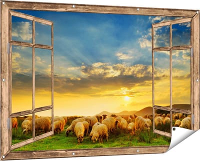 Gards Tuinposter Doorkijk Kudde Schapen op het Gras bij Zonsondergang - 150x100 cm - Tuindoek - Tuindecoratie - Wanddecoratie buiten - Tuinschilderij