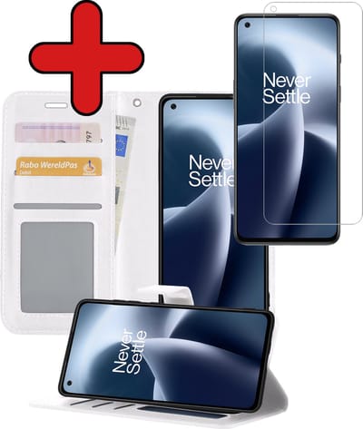 Hoesje - Met Screenprotector - Geschikt voor OnePlus Nord 2T - Luxe Pasjeshouder - Flipcase - Bookcase Portemonee - Flip Case - Kunstleer Book Case - Book Cover - Walletcase - Portemonneehoes - Telefoonhoes - Wit