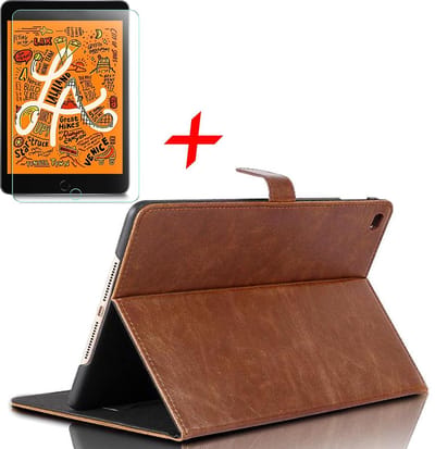 Hoes + Screenprotector geschikt voor iPad Mini (2019) - Smart Book Case Lederen Hoesje - iCall - Lichtbruin