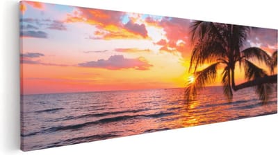 Artaza Canvas Schilderij Palmboom Zee - 60x20 cm - Wanddecoratie Zonsondergang - Muurdecoratie Strand - Kamer Accessoires