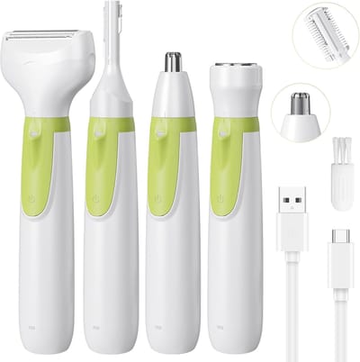 Elektrisch scheerapparaat voor vrouwen, 4-in-1 elektrische epilator, nat/droog bikinitrimmer en gezichtshaarverwijderaar, wenkbrauwtrimmer, neushaartrimmer, oplaadbare lichaamshaarverwijderaar
