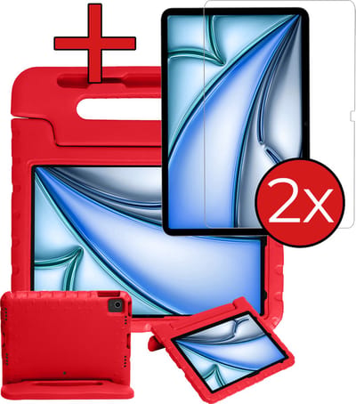 Hoesje - Geschikt voor Apple iPad Air (2024/2025/2026) - 13 inch - Met 2x Screenprotector - Kinderhoes - Shockproof Bumper - Kidsproof Case - Tablethoes - Kinder Hoes Cover - Rood