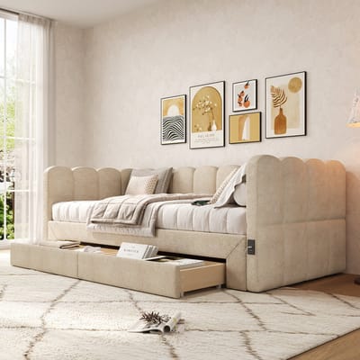 Wishdor Daybed - 90 x 200 cm - Uittrekbaar tot 180 x 190 cm - 2 Lades - USB en Type-C - Chenille - Beige - Flexibel Gastenbed