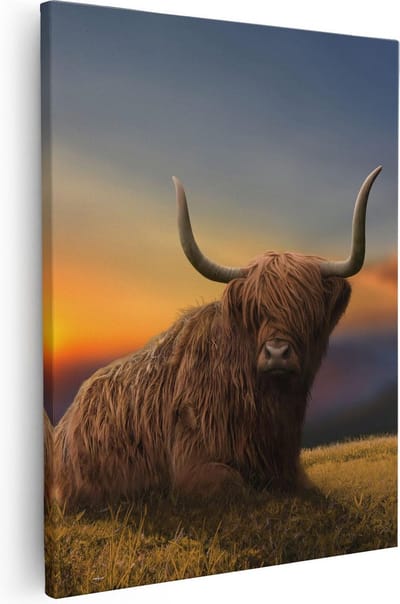 Artaza Canvas Schilderij Schotse Hooglander - 80x100 cm - Groot - Wanddecoratie Woonkamer - Muurdecoratie Zonsondergang - Schilderijen Op Canvas