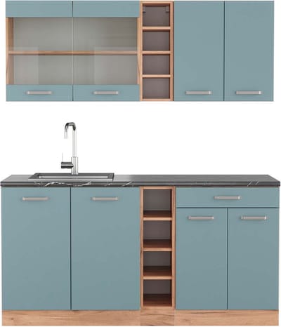 Vicco R-Line Eenpersoonskeuken – 160 cm, WB Antraciet Blauw-grijs/gouden eik