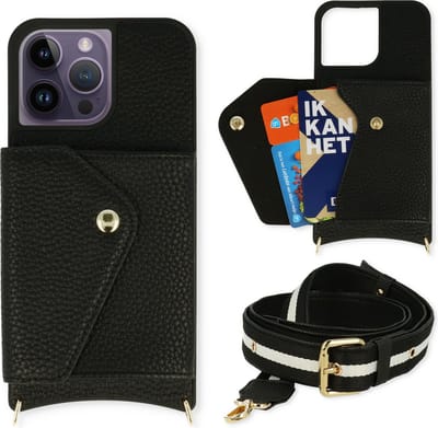 Casemania Hoesje Geschikt voor Apple iPhone 14 Pro - Zwart - Back Cover met Verstelbare Band - Pasjeshouder / Koord