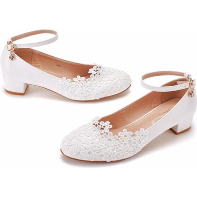 Grote Maat 3 Cm Vierkante Hak Ronde Neus Enkellaarsjes Enkelbandje Enkellaarsjes Lente en Herfst Kant Bruidsschoenen Dames Witte Schoenen 38 white