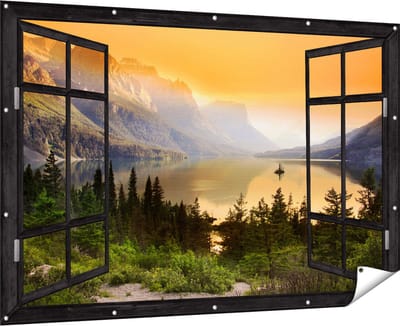 Gards Tuinposter Doorkijk Bergen met een Meer in Nationaal Park Glacier - 180x120 cm - Tuindoek - Tuindecoratie - Wanddecoratie buiten - Tuinschilderij
