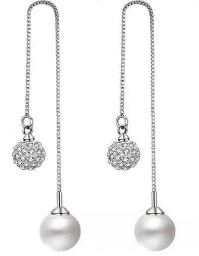 Lange Oorbellen-Zilver-Synthetische-Parel-Strass-Doorsteek