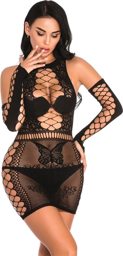 PlayToys -Sexy lingerie - Jurk - Kant - Open kruis - Erotisch - Body suit - met Gaten - met Mouwen