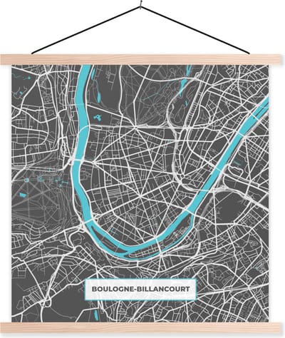 Posterhanger incl. Poster 40x40 cm - Schoolplaat - Frankrijk - Stadskaart - Kaart - Plattegrond - Boulogne-Billancourt - Textielposter - Blanke latten - Stadskaart