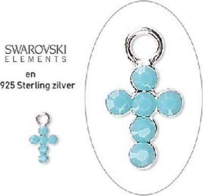 Sterling zilveren Swarovski bedeltjes, kruisjes 7x5mm, met Turquoise Swarovski kristal. Per 2 stuks