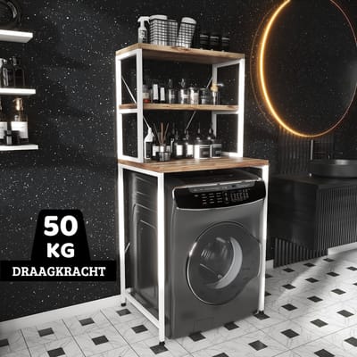 AirSleeperz® wasmachine kast - Droger Ombouw Meubel - Walnoot houtkleur met wit metaal - 3 etages - 50x68x155 cm