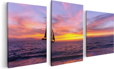 Artaza Canvas Schilderij Drieluik Zeilboot Silhouet bij Zonsondergang - 120x60 - Foto Op Canvas - Canvas Print