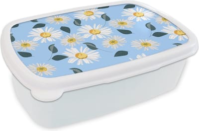 Broodtrommel Wit - Lunchbox - Brooddoos - Madeliefjes - Blauw - Patroon - 18x12x6 cm - Volwassenen