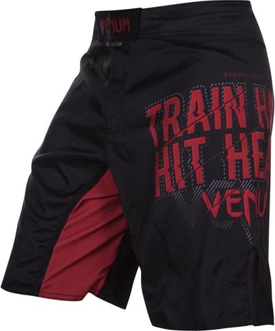 Venum Fightshorts Train Hard Hit Heavy Zwart Rood -