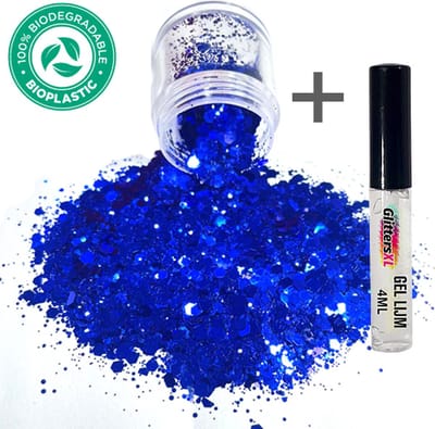 Chunky Glitters (Galaxy Blauw) + Glitter Huid Lijm [Volume 8g - Festival Jewels Glitter Outfit Lichaam en Gezicht - Make-up Diamond Dots Face Body - Diamantjes Strass Steentjes - Kinderen Volwassenen Dames Makeup Tattoo Mastix Schmink]