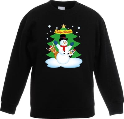 Zwarte kersttrui met een sneeuwpop en zijn dieren vriendjes voor jongens en meisjes - Kerstruien kind 98/104