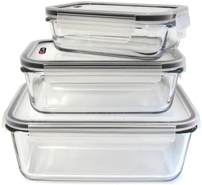 Cook Concept Vershoudbakjes met deksel - glas - set 3x stuks - 350/800/1800 ml - luchtdicht - met clips
