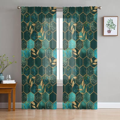 Marmer Honingraat Textuur Aqua Groen Voile Transparante Gordijnen Woonkamer Raam Tule Gordijn Keuken Slaapkamer Draperieën Huisdecoratie 135W x 114H(cm)