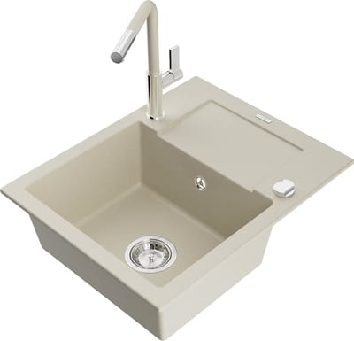 Mexen Enzo granieten gootsteen 1-komors met afdruiprek en keukenmengkraan Flora, beige - 6506-69-670401-09