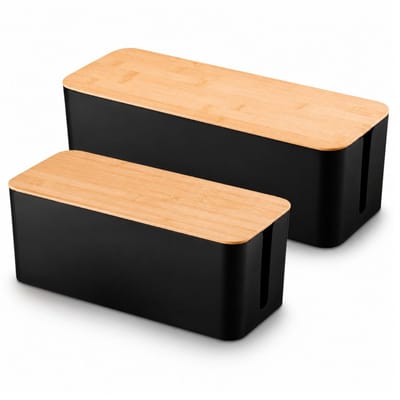 BUDDLEY Kabelbox Zwart Bamboe (SET M en L) - Kabeldoos - Kabel Opbergbox Stekkerdoos - Kabel Management onder bureau - Kabel Organiser Bureau - Kabel Organiser - Kabelbox Stekkerdoos - CableBox - Kabel Doos - Kabelbox voor snoeren wegwerken