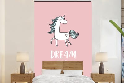 Behang kinderen - Kinderkamer decoratie - Eenhoorn - Roze - Quotes - Dream big - Meisjes - Kinderen - 200x300 cm - Wanddecoratie meisjes kamer - Kinderbehang
