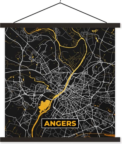 Posterhanger incl. Poster 60x60 cm - Schoolplaat - Angers – Plattegrond – Frankrijk – Kaart – Stadskaart - Textielposter - Zwarte latten - Stadskaart