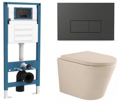 QeramiQ Dely Toiletset - inbouwreservoir Qeramiq Flush - 35mm zitting - kunststof mat antraciete bedieningsplaat - rechthoekige knoppen - beige