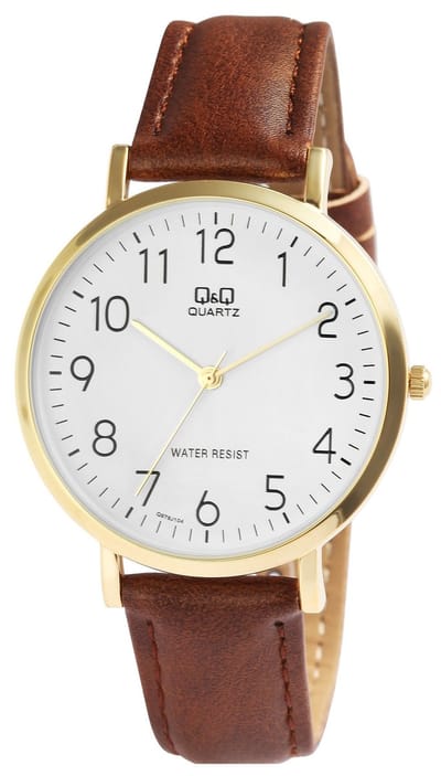 Q&Q Q978J104Y - Horloge - Polshorloge - Analoog - Heren - Mannen - Leren band - Rond - Metaal - Cijfers - Bruin - Goudkleurig - Wit