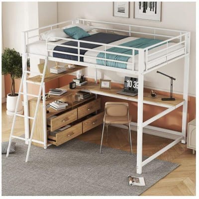 Lit mezzanine - MUVOE - 140x200 cm - Métal blanc - Avec tiroirs pratiques - Sans matelas blanc