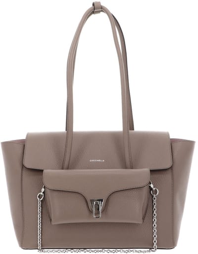 COCCINELLE Leren shopper schoudertas Double Beat Grained Leather Handbag Warm Taupe