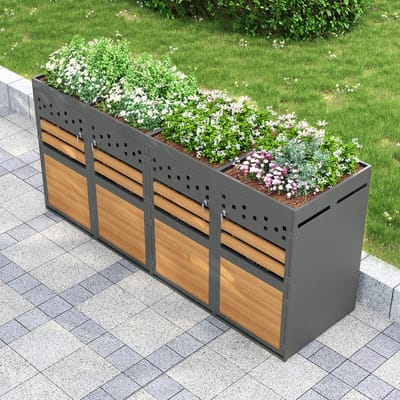 STILVORA Containerombouw Afsluitbaar – Voor Vier Containers 120 Tot 240 Liter – Metaal – Grijs Naturel – Met Plantendak Voor Tuin En Oprit – Koppelbaar