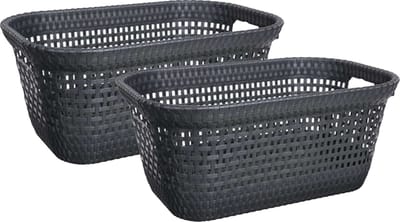 Wasmand van rotan gevlochten - 2x - zwart - kunststof - 45 liter - 59 x 38 x 26 cm