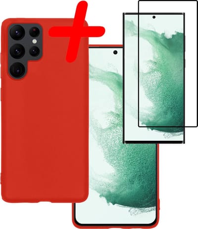 Hoesje Met Screenprotector - Geschikt voor Samsung Galaxy S22 Ultra - Sterk & Shockproof - Back Cover - Siliconen Case - Telefoon Hoes - Rood