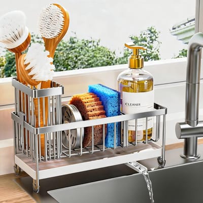 Famanu – Gootsteen caddy met hoge borstelhouder, roestvrij staal, sponshouder en organizer