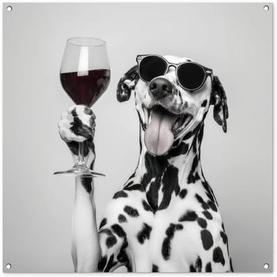 Tuinposter 100x100 cm - Tuindecoratie Zonnebril - Dalmatiër - Wijnglas - Tong - Poster voor in de tuin - Buiten decoratie - Schutting tuinschilderij - Tuindoek muurdecoratie - Wanddecoratie balkondoek