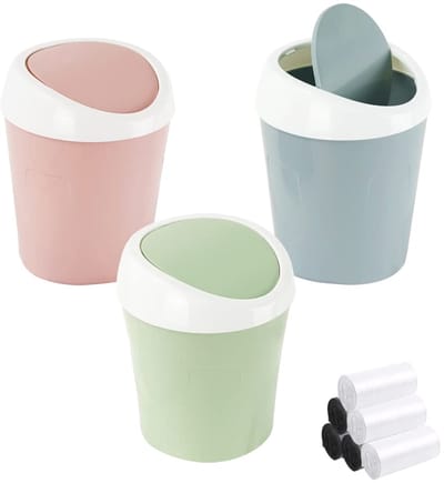 3 Stuks Plastic Mini Prullenbak Badkamer Bins met Swing Deksel en 6 Rollen Bin Liners, QLFJ-FurDec Desk Compact Ontwerp Cosmetische Bin Voor Thuis, Kantoor, Vanity Tafelblad (Blauw, Roze, Groen)