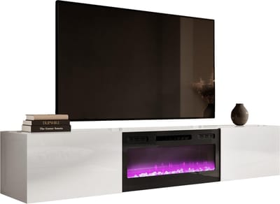Zwevend Tv-meubel Slide 200 cm breed hoogglans wit met zwart sfeerhaard