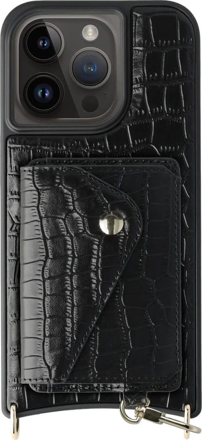 AVY Leren Hoesje Geschikt voor Apple iPhone 15 Pro | Met Magnetische Kaarthouder | Compatibel met MagSafe | Leather Case met Wallet | Croco Zwart