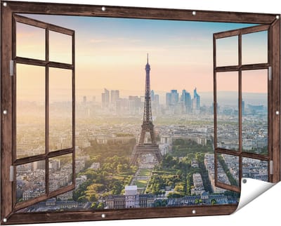 Gards Tuinposter Doorkijk Skyline van Parijs met de Eiffeltoren - 150x100 cm - Tuindoek - Tuindecoratie - Wanddecoratie buiten - Tuinschilderij